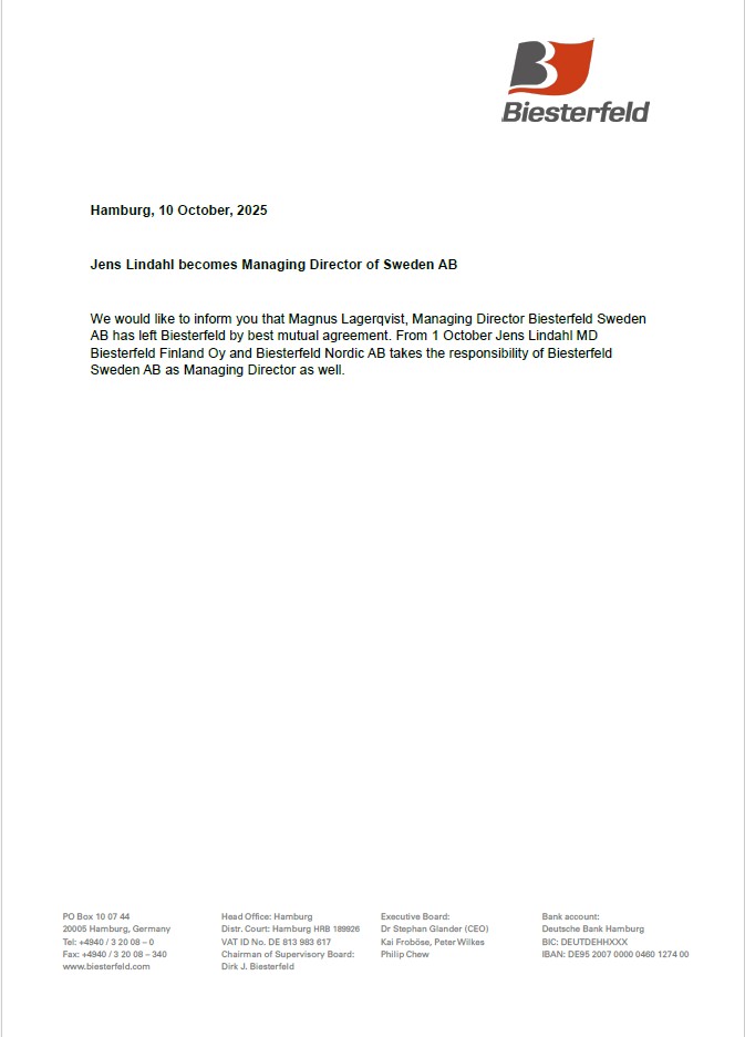 Skärmbild 2025-10-10 130338 Jens Lindahl blir ny VD för Biesterfeld Sweden